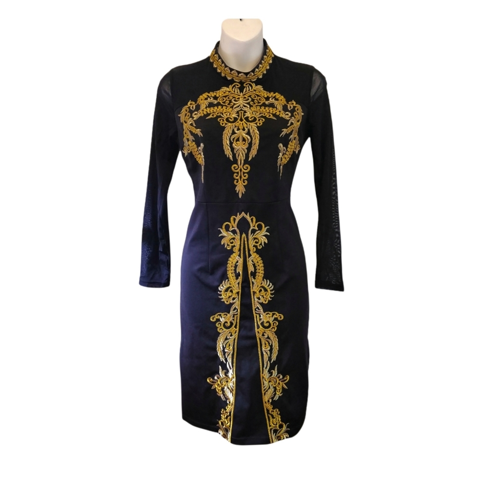 Black gold embroidery kurta dress Sheer long sleeves sz.M